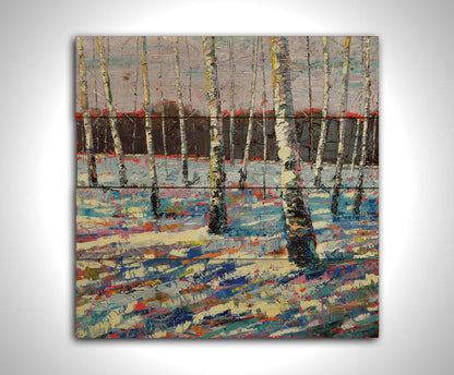 A painting of a snowy forest of birch trees, created with large brushstrokes and contrasting arbitrary color accents. Printed on a wood pallet.