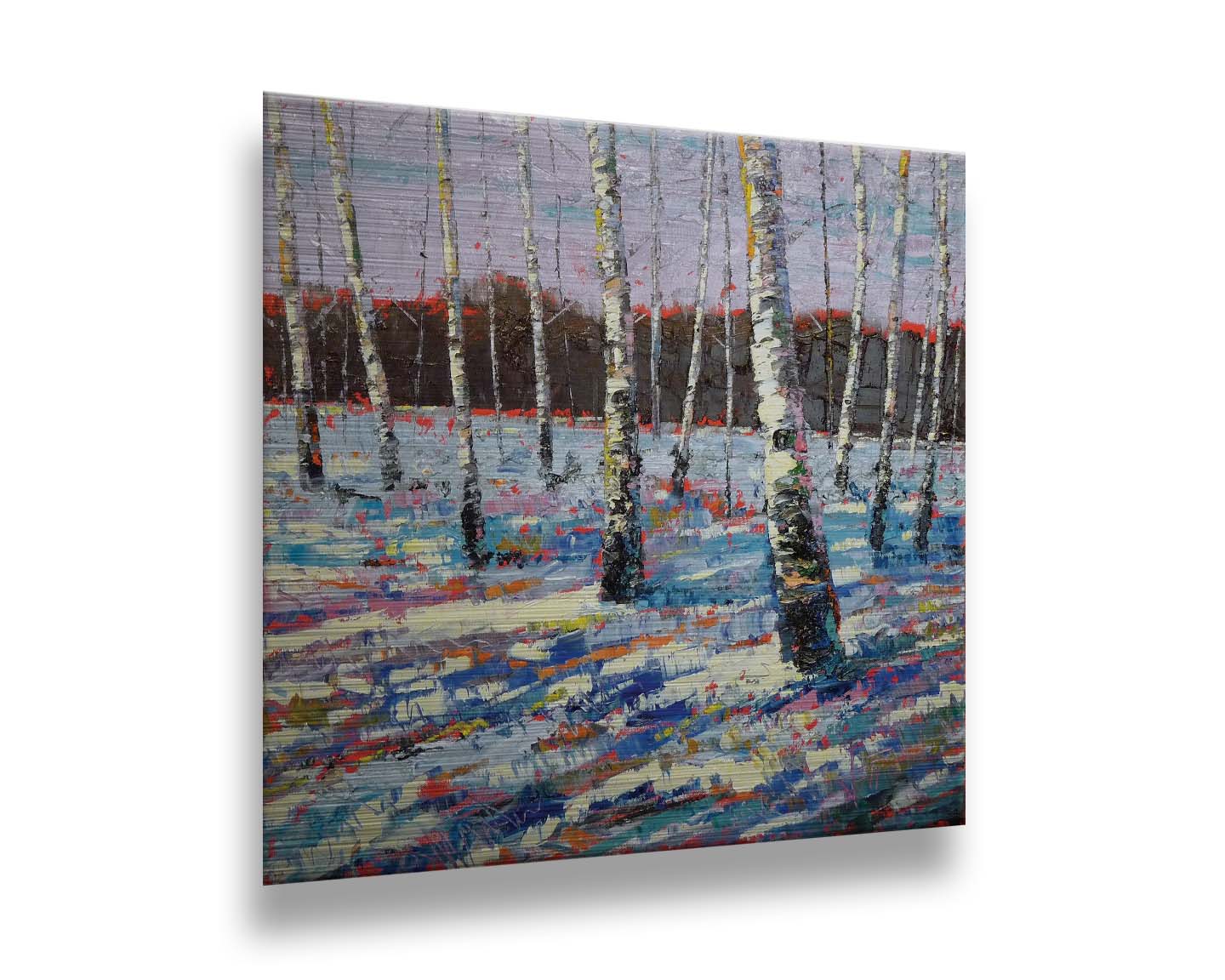 A painting of a snowy forest of birch trees, created with large brushstrokes and contrasting arbitrary color accents. Printed on metal.