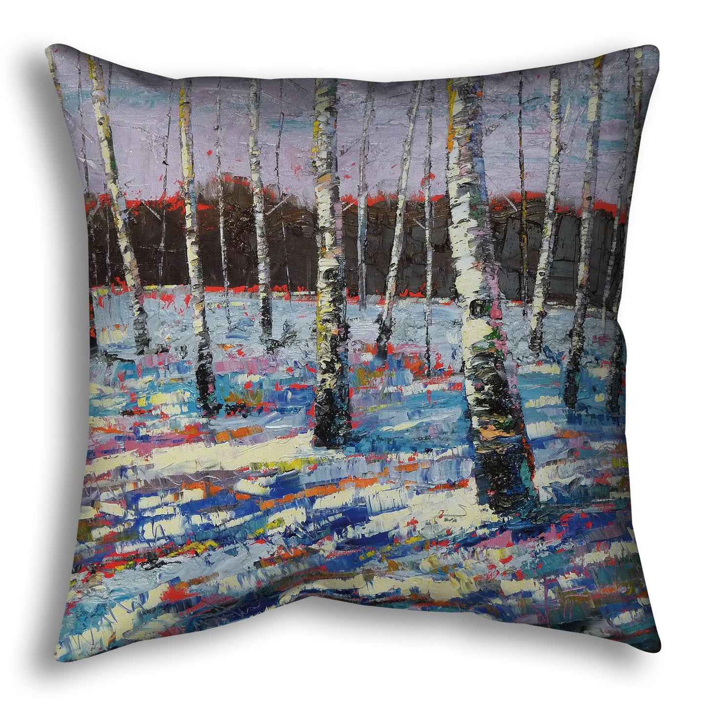 Throw pillow printed with an abstract painting of birch trees in a snowy landscape.