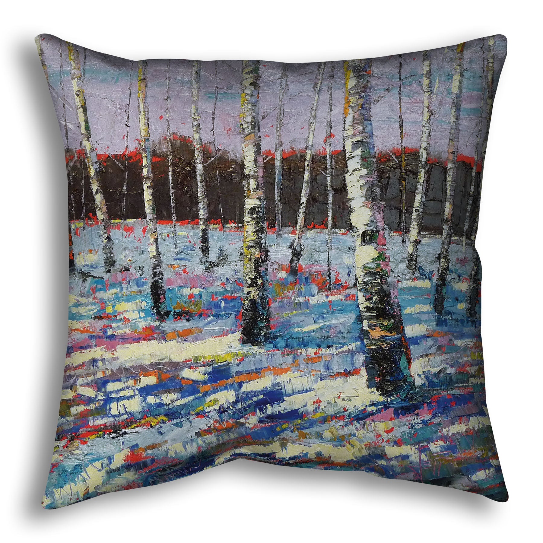 Throw pillow printed with an abstract painting of birch trees in a snowy landscape.