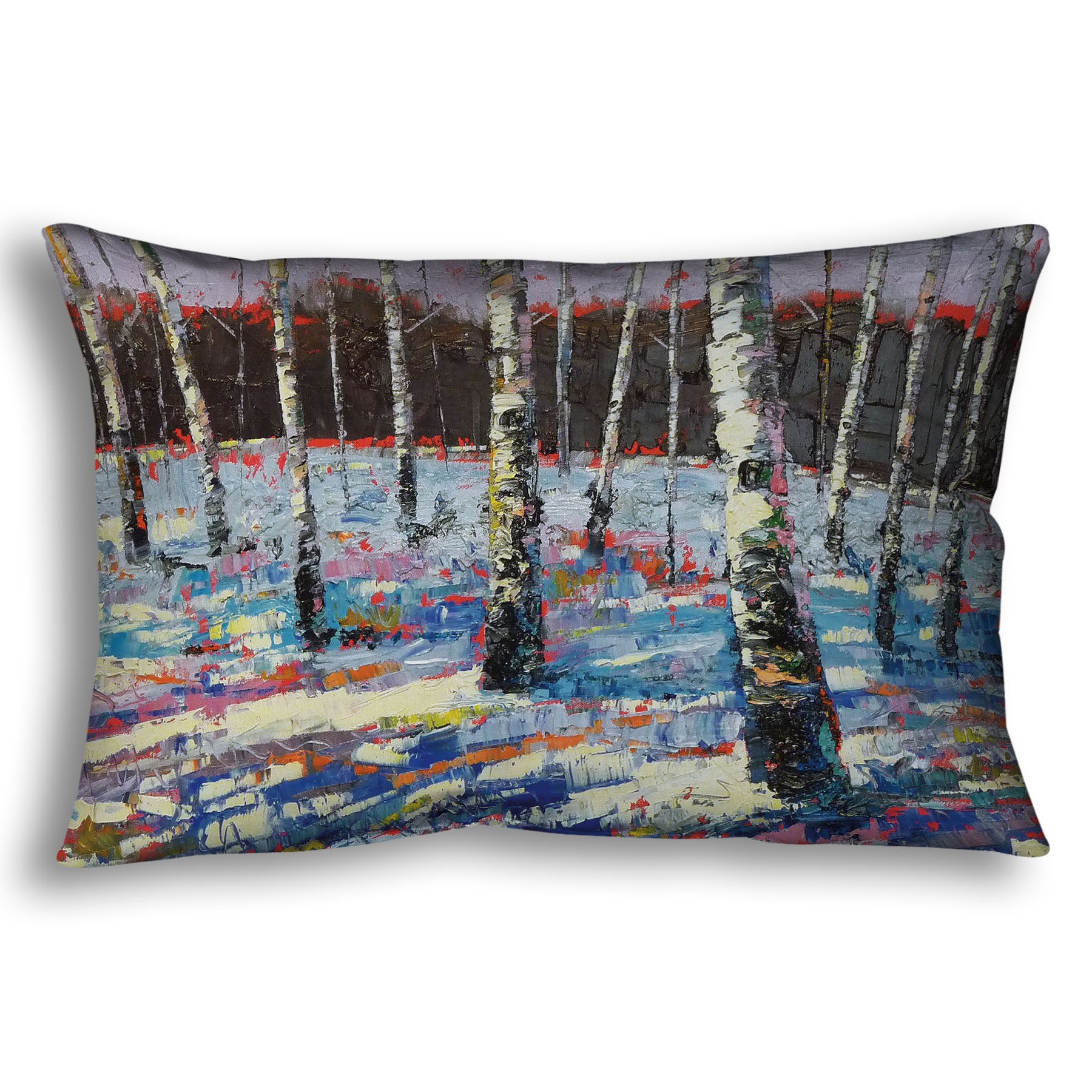 Throw pillow printed with an abstract painting of birch trees in a snowy landscape.