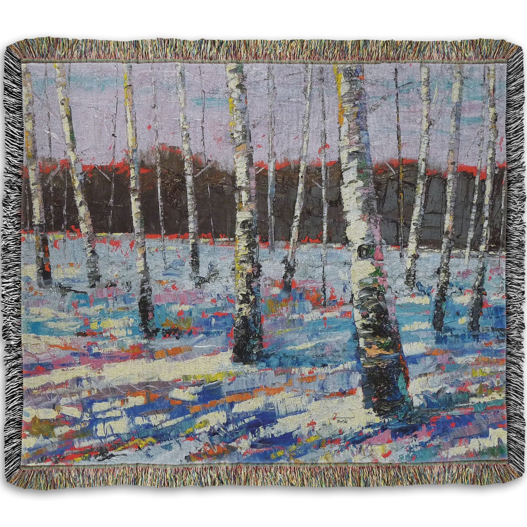 Woven throw blanket printed with an abstract painting of birch trees in a snowy landscape.