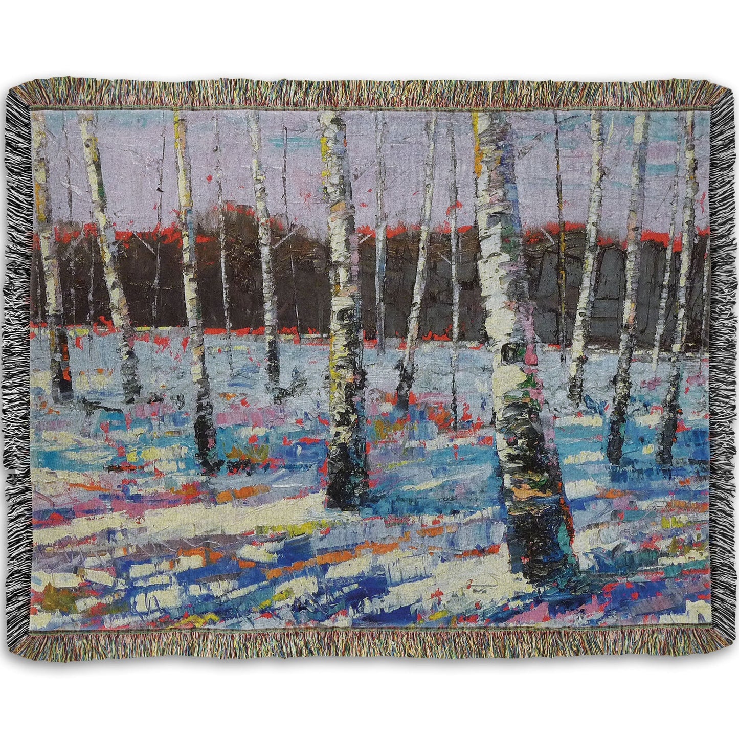 Woven throw blanket printed with an abstract painting of birch trees in a snowy landscape.