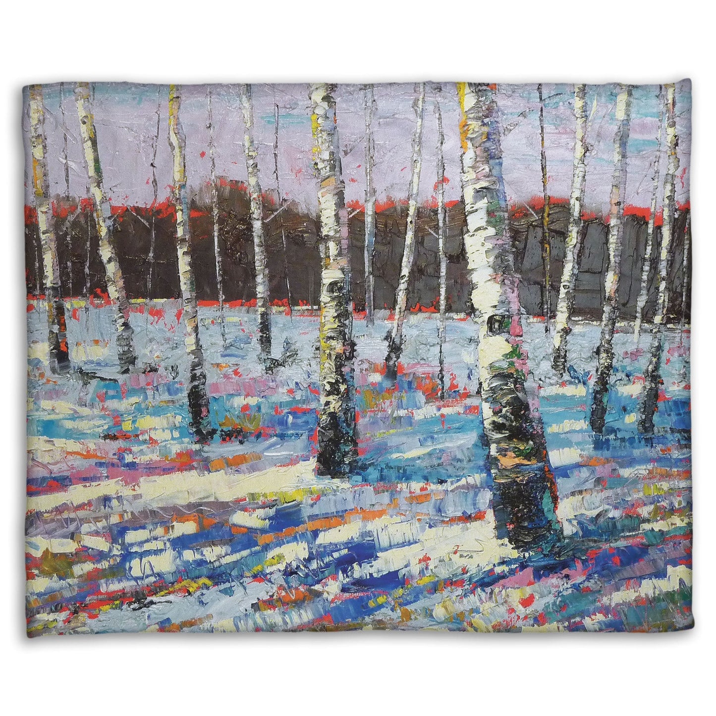 Coral fleece blanket printed with an abstract painting of birch trees in a snowy landscape.