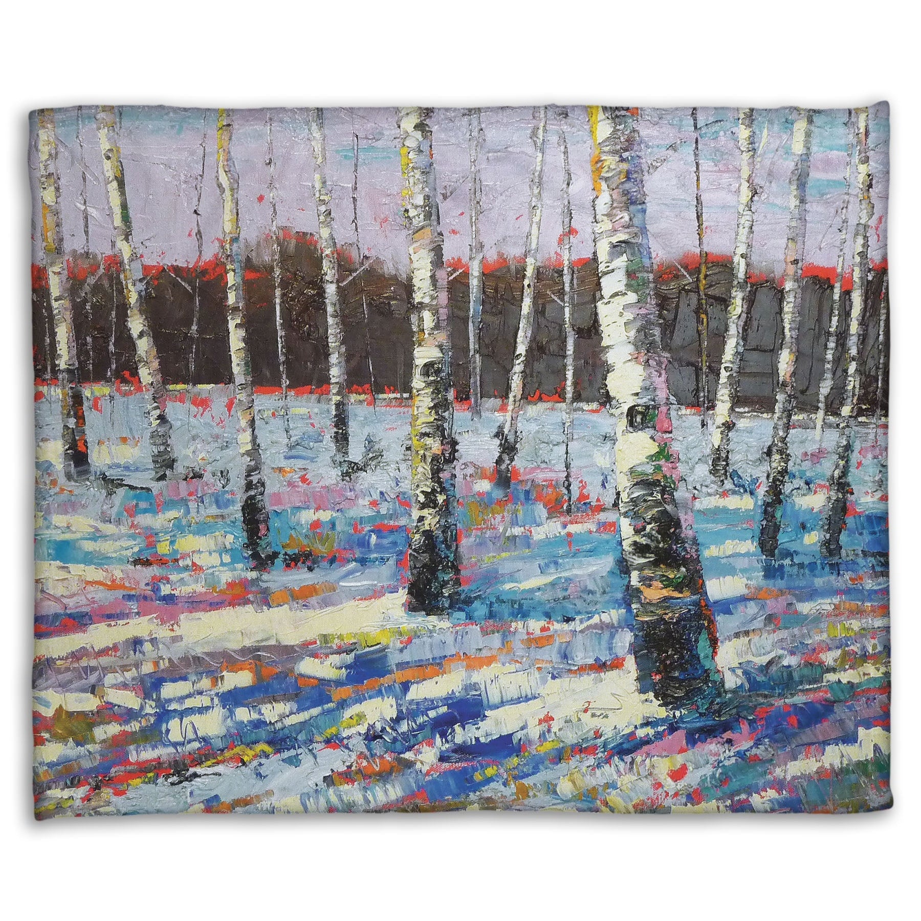 Coral fleece blanket printed with an abstract painting of birch trees in a snowy landscape.