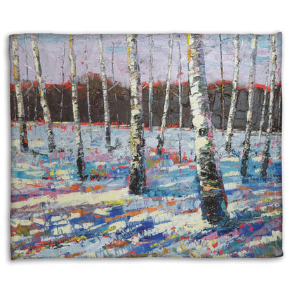 Coral fleece blanket printed with an abstract painting of birch trees in a snowy landscape.