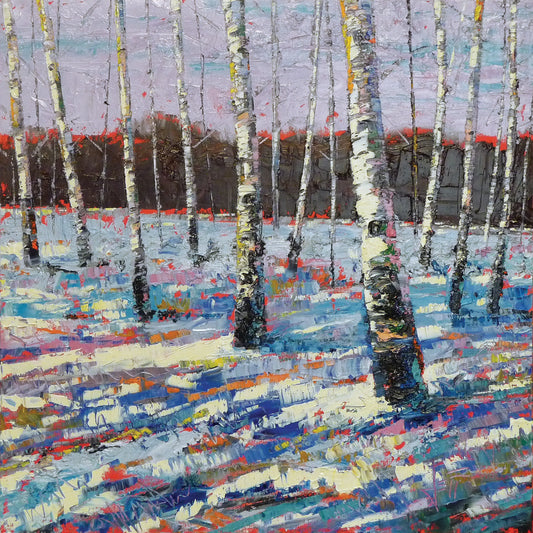 A painting of a snowy forest of birch trees, created with large brushstrokes and contrasting arbitrary color accents.