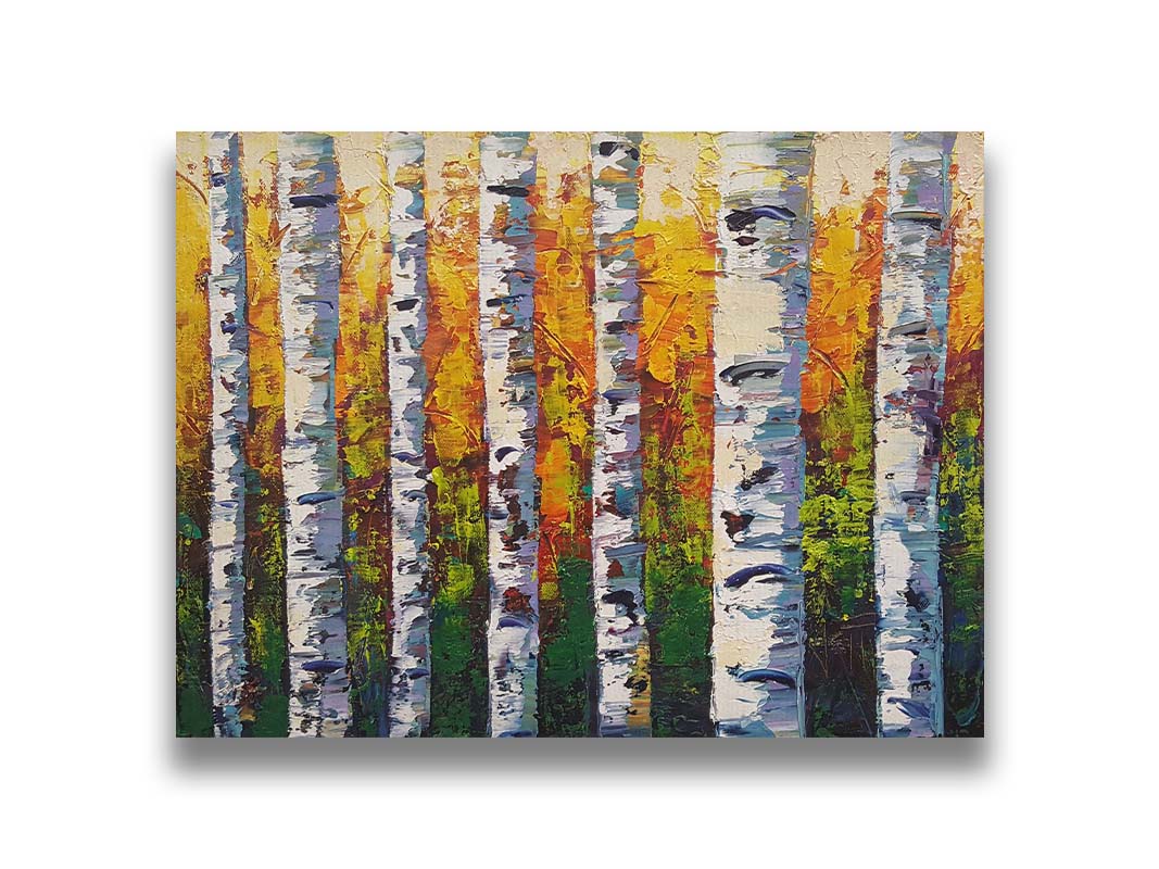 A painting of a birch forest, the stark white tree trunks contrasted by the vibrant green grass and orange leaves of the rest of the forest behind them. Printed on canvas.