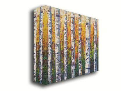 A painting of a birch forest, the stark white tree trunks contrasted by the vibrant green grass and orange leaves of the rest of the forest behind them. Printed on canvas.