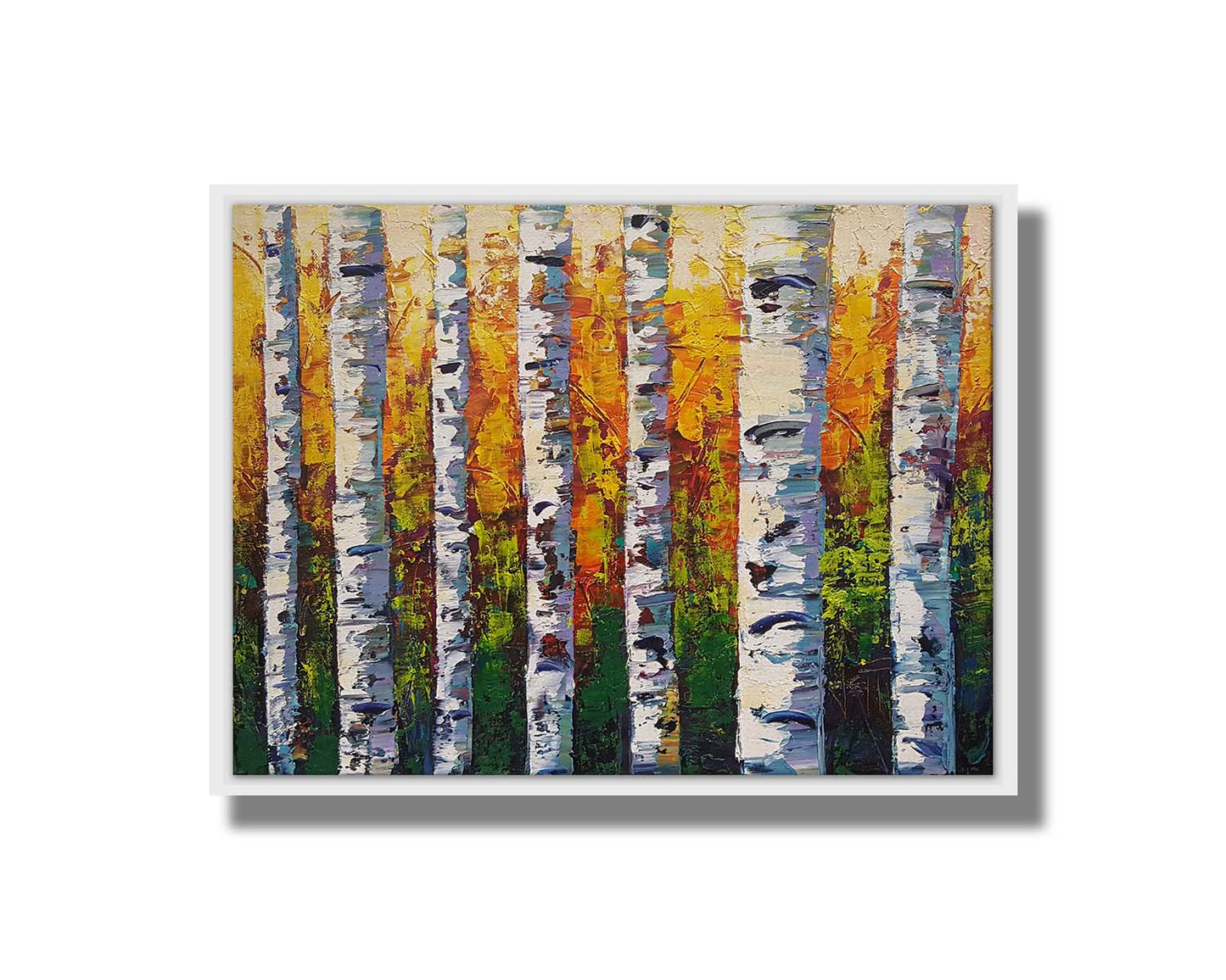 A painting of a birch forest, the stark white tree trunks contrasted by the vibrant green grass and orange leaves of the rest of the forest behind them. Printed on canvas in a float frame.