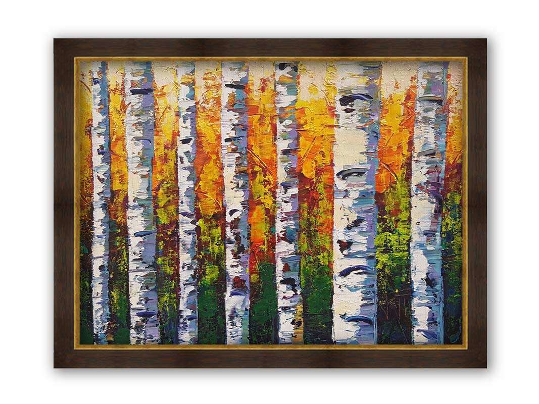 A painting of a birch forest, the stark white tree trunks contrasted by the vibrant green grass and orange leaves of the rest of the forest behind them. Printed on canvas and framed.