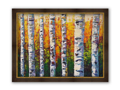 A painting of a birch forest, the stark white tree trunks contrasted by the vibrant green grass and orange leaves of the rest of the forest behind them. Printed on canvas and framed.