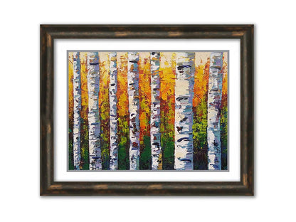 A painting of a birch forest, the stark white tree trunks contrasted by the vibrant green grass and orange leaves of the rest of the forest behind them. Printed on paper, matted, and framed.