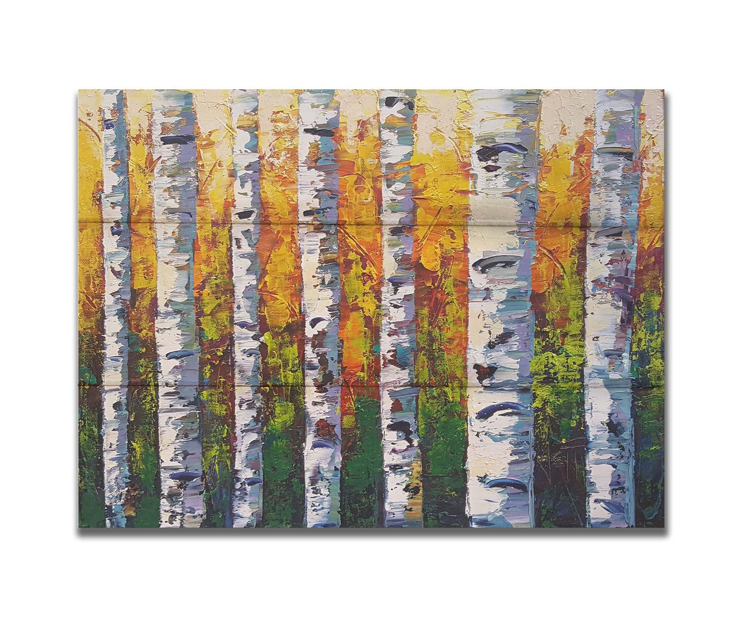 A painting of a birch forest, the stark white tree trunks contrasted by the vibrant green grass and orange leaves of the rest of the forest behind them. Printed on a box board.