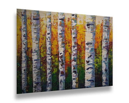 A painting of a birch forest, the stark white tree trunks contrasted by the vibrant green grass and orange leaves of the rest of the forest behind them. Printed on metal.