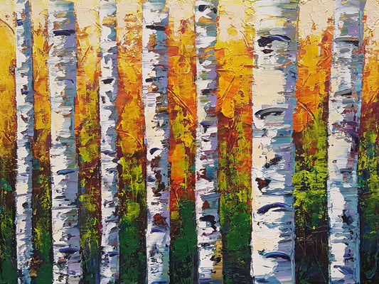 A painting of a birch forest, the stark white tree trunks contrasted by the vibrant green grass and orange leaves of the rest of the forest behind them. 
