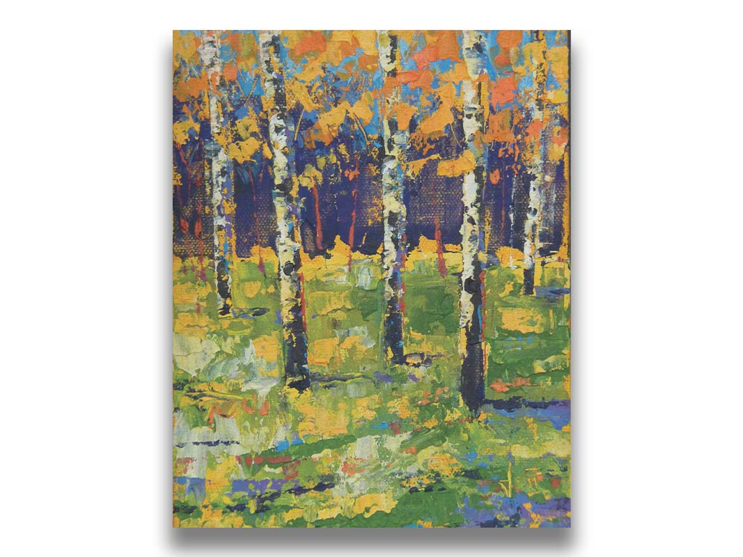 A painting of a birch forest in autumn, the yellow and orange tree leaves contrasted against a purple and blue forest and sky. Printed on canvas.