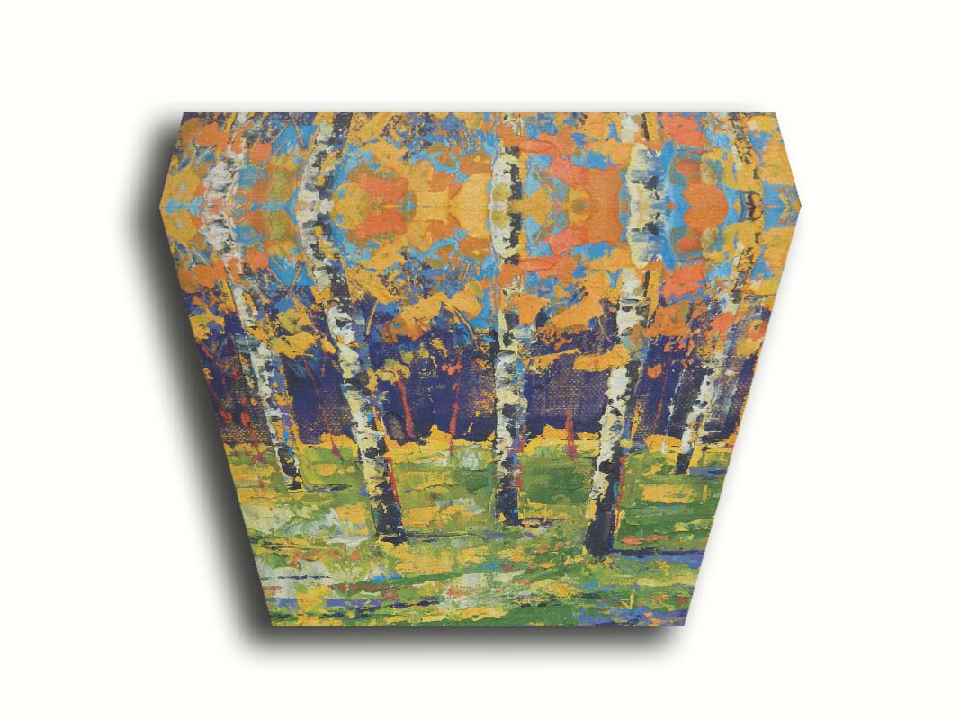 A painting of a birch forest in autumn, the yellow and orange tree leaves contrasted against a purple and blue forest and sky. Printed on canvas.