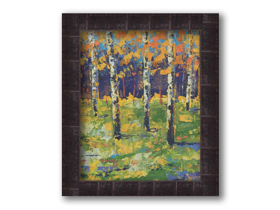 A painting of a birch forest in autumn, the yellow and orange tree leaves contrasted against a purple and blue forest and sky. Printed on canvas and framed.