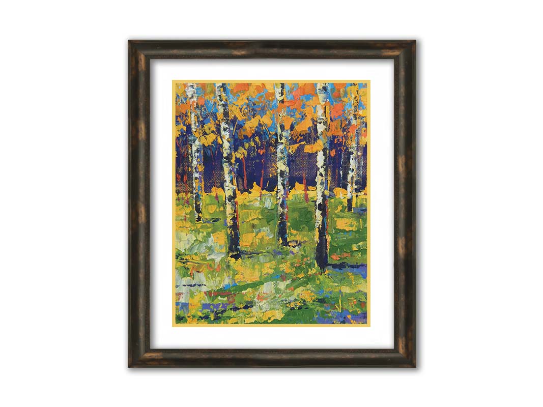 A painting of a birch forest in autumn, the yellow and orange tree leaves contrasted against a purple and blue forest and sky. Printed on paper, matted, and framed.