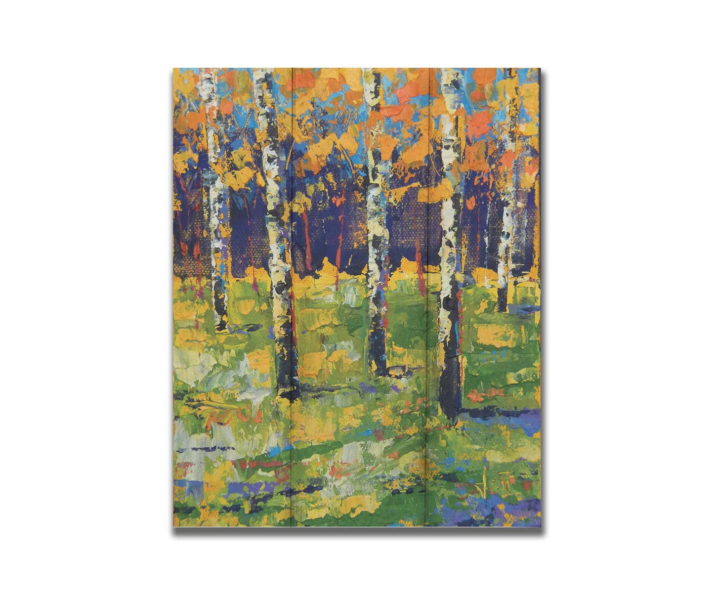 A painting of a birch forest in autumn, the yellow and orange tree leaves contrasted against a purple and blue forest and sky. Printed on a box board.