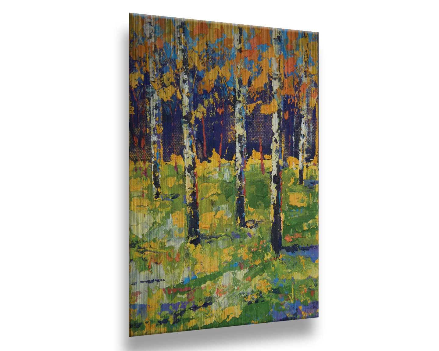 A painting of a birch forest in autumn, the yellow and orange tree leaves contrasted against a purple and blue forest and sky. Printed on metal.