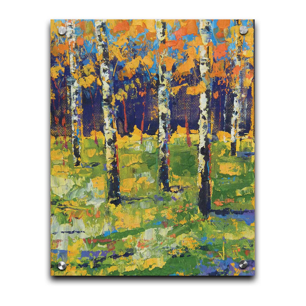 A painting of a birch forest in autumn, the yellow and orange tree leaves contrasted against a purple and blue forest and sky. Printed on acrylic.