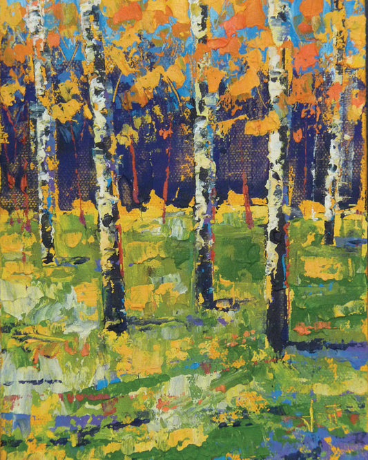 A painting of a birch forest in autumn, the yellow and orange tree leaves contrasted against a purple and blue forest and sky. 