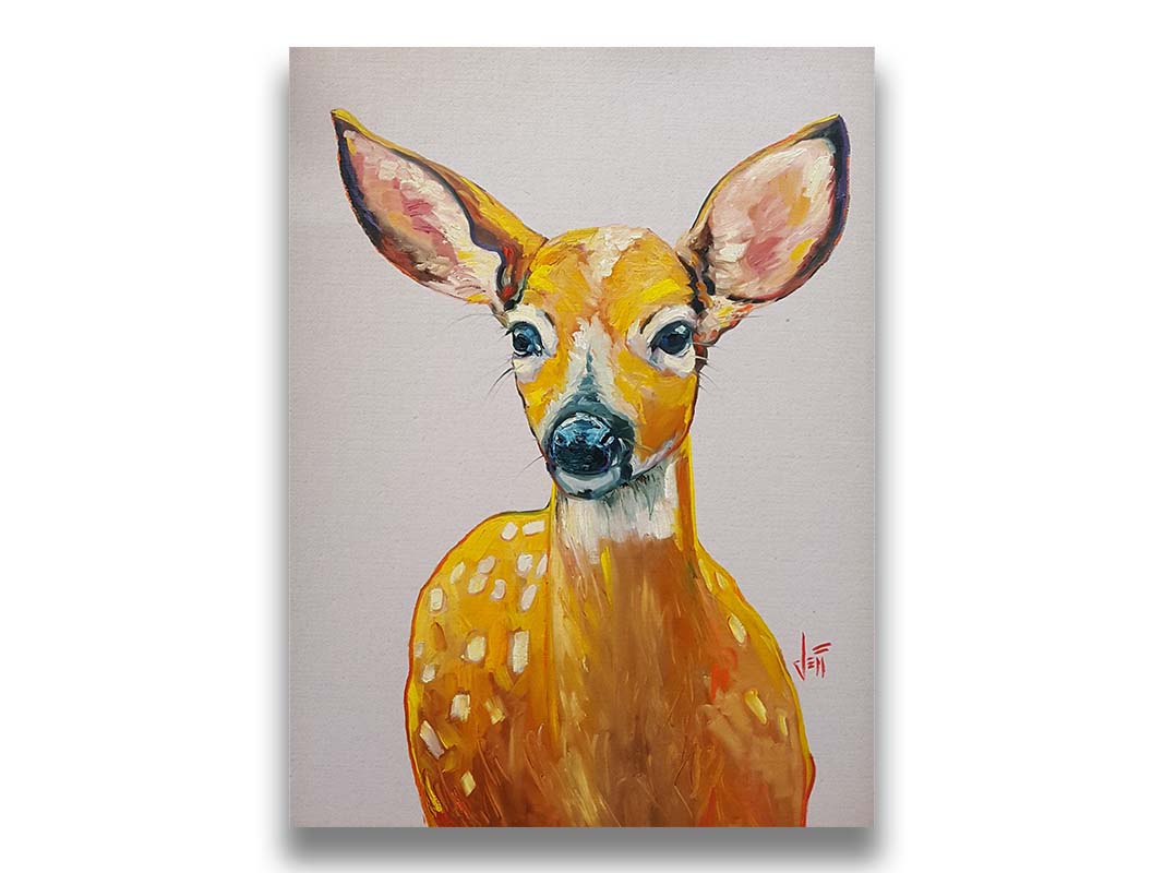 A painting of a deer in saturated orange tones, sharply contrasted by a pale background. Printed on canvas.