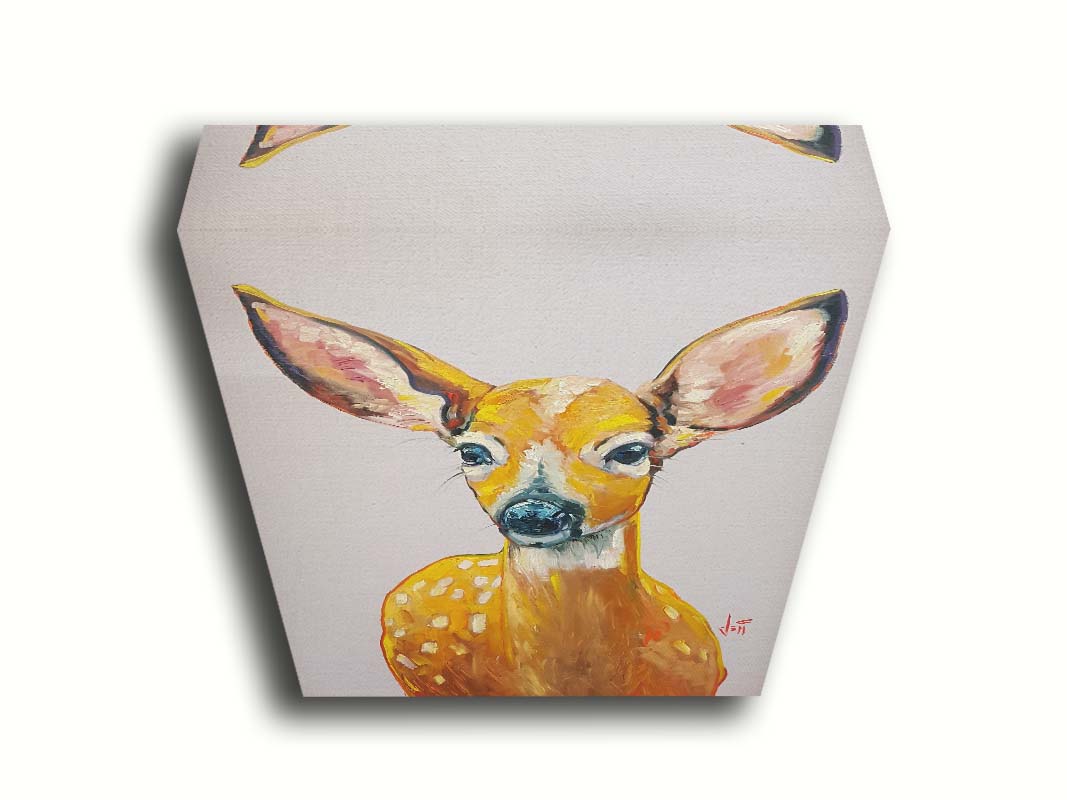 A painting of a deer in saturated orange tones, sharply contrasted by a pale background. Printed on canvas.