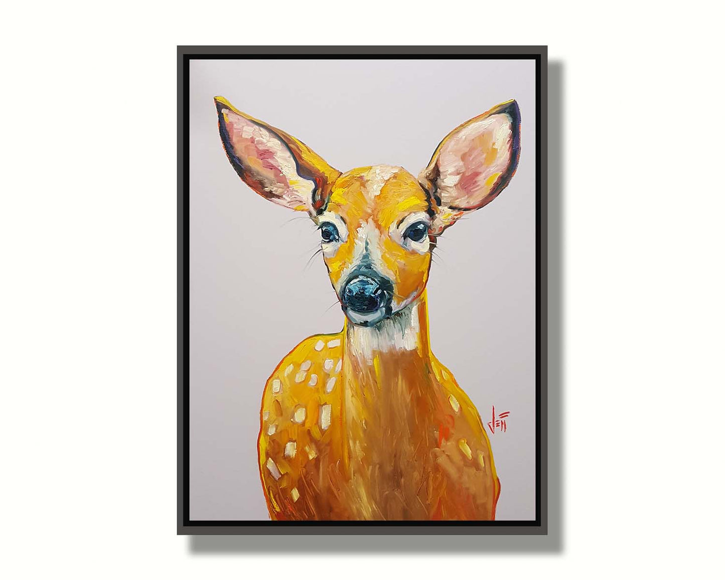 A painting of a deer in saturated orange tones, sharply contrasted by a pale background. Printed on canvas in a float frame.