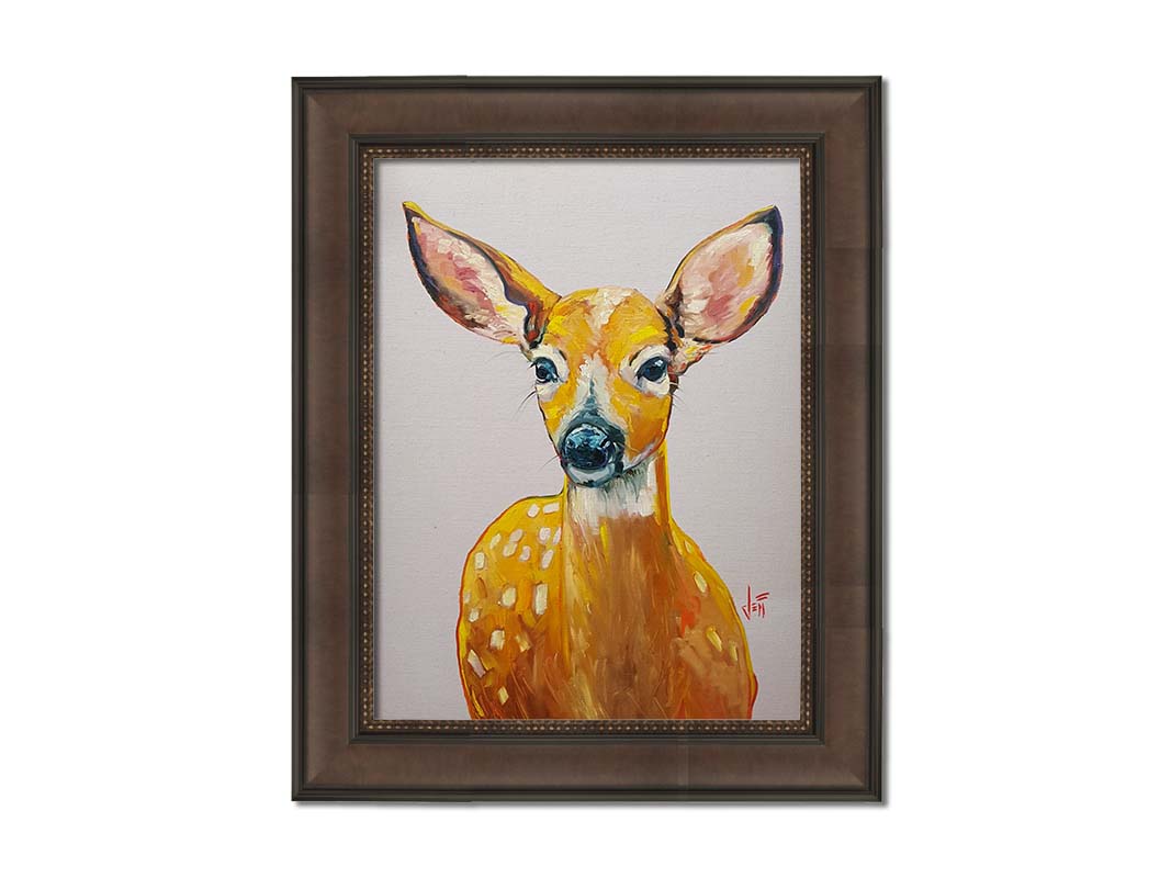 A painting of a deer in saturated orange tones, sharply contrasted by a pale background. Printed on canvas and framed.