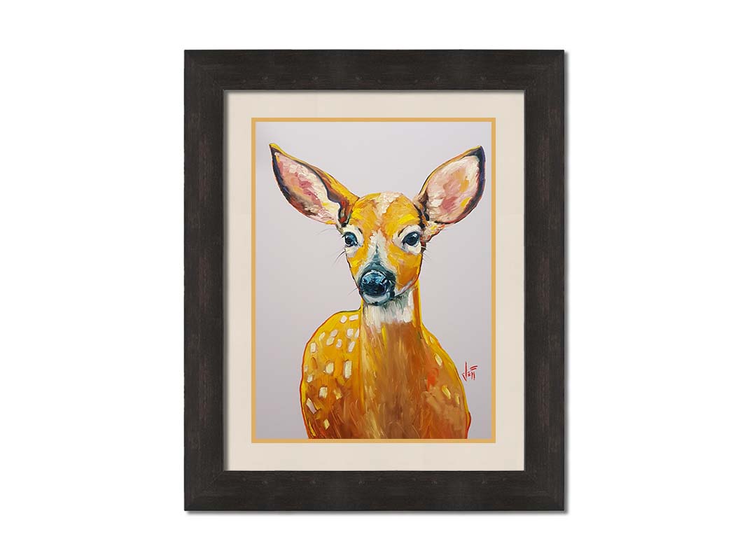 A painting of a deer in saturated orange tones, sharply contrasted by a pale background. Printed on paper, matted, and framed.