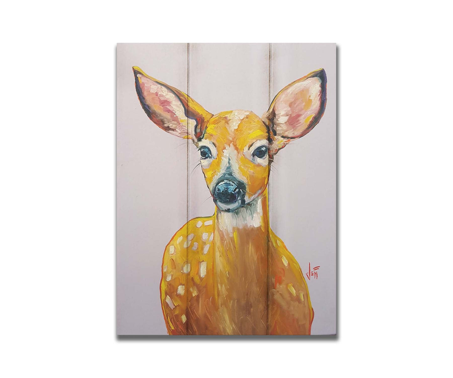 A painting of a deer in saturated orange tones, sharply contrasted by a pale background. Printed on a box board.