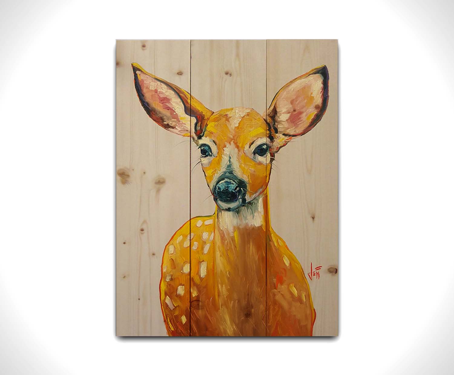 A painting of a deer in saturated orange tones, sharply contrasted by a pale background. Printed on a wood pallet.