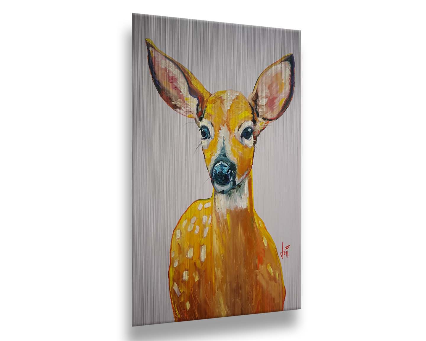 A painting of a deer in saturated orange tones, sharply contrasted by a pale background. Printed on metal.