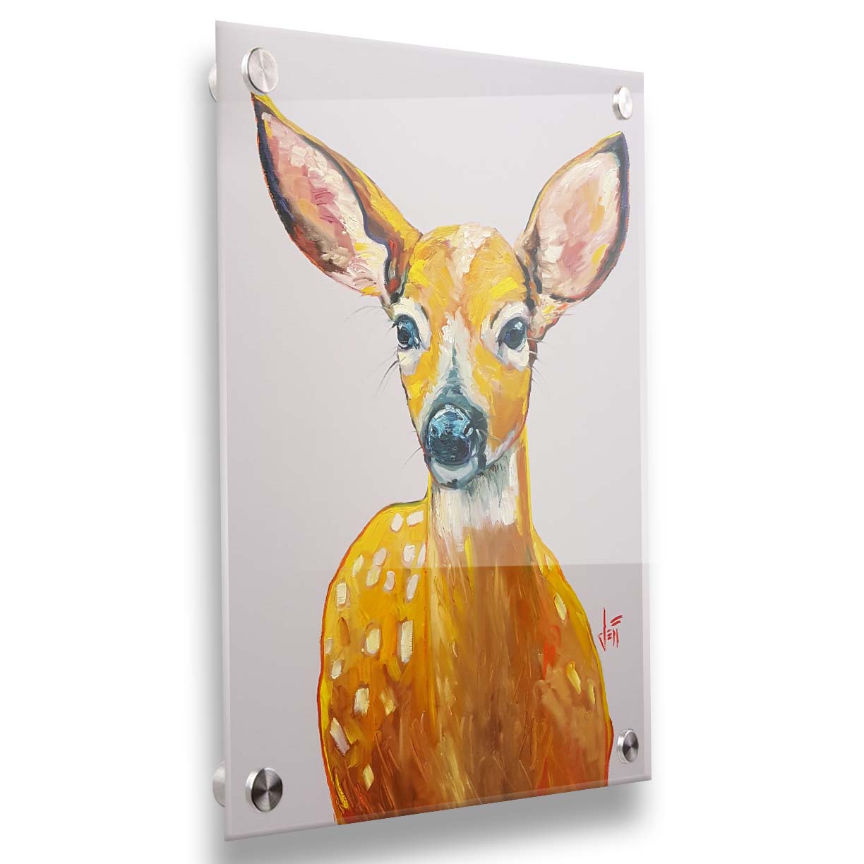 A painting of a deer in saturated orange tones, sharply contrasted by a pale background. Printed on acrylic.