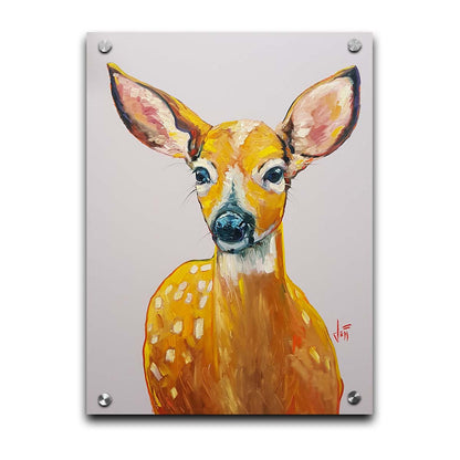 A painting of a deer in saturated orange tones, sharply contrasted by a pale background. Printed on acrylic.