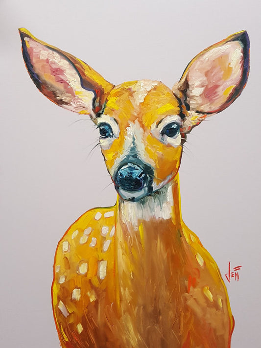 A painting of a deer in saturated orange tones, sharply contrasted by a pale background. 