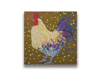 A drip painting of a rooster in white, yellow, and blue, with red accents It is posed on a gold background dotted with the colors of the rooster. Printed on canvas.