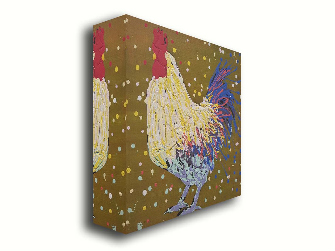 A drip painting of a rooster in white, yellow, and blue, with red accents It is posed on a gold background dotted with the colors of the rooster. Printed on canvas.