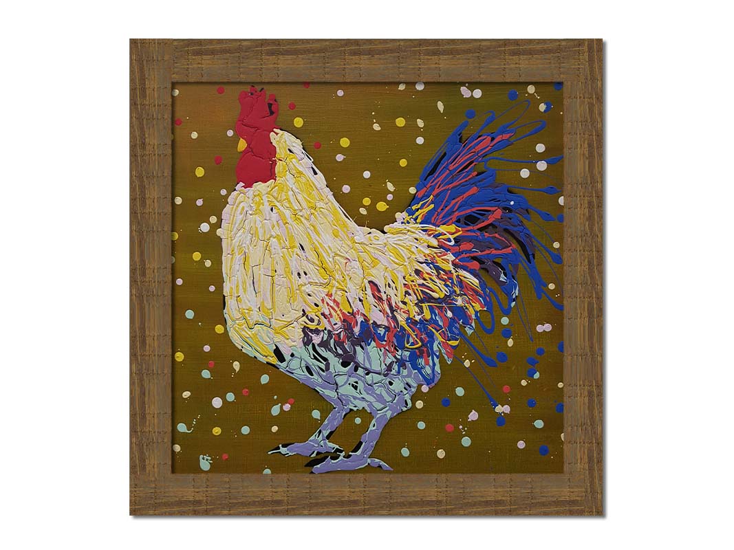 A drip painting of a rooster in white, yellow, and blue, with red accents It is posed on a gold background dotted with the colors of the rooster. Printed on canvas and framed.