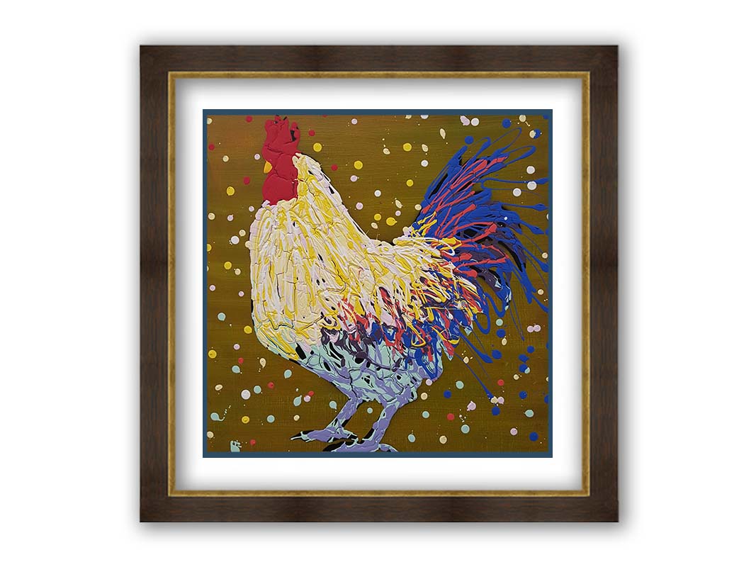 A drip painting of a rooster in white, yellow, and blue, with red accents It is posed on a gold background dotted with the colors of the rooster. Printed on paper, matted, and framed.