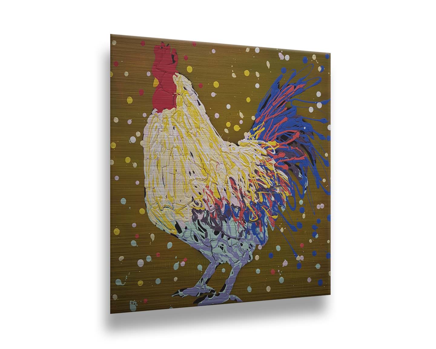 A drip painting of a rooster in white, yellow, and blue, with red accents It is posed on a gold background dotted with the colors of the rooster. Printed on metal.