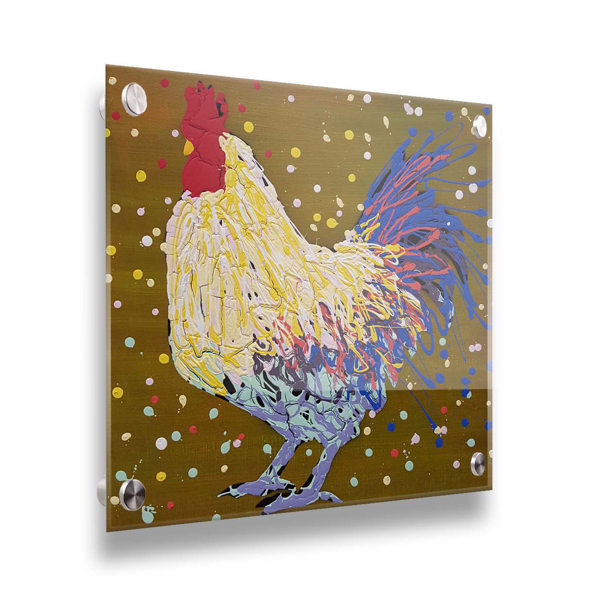 A drip painting of a rooster in white, yellow, and blue, with red accents It is posed on a gold background dotted with the colors of the rooster. Printed on acrylic.