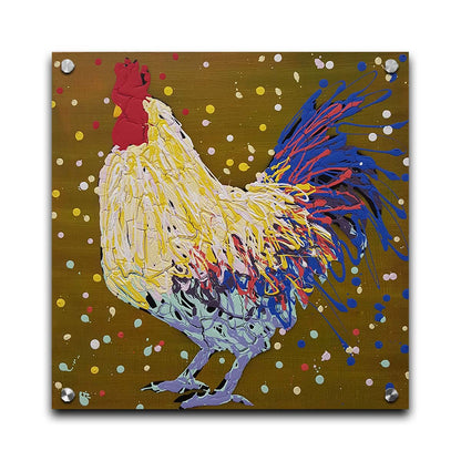 A drip painting of a rooster in white, yellow, and blue, with red accents It is posed on a gold background dotted with the colors of the rooster. Printed on acrylic.