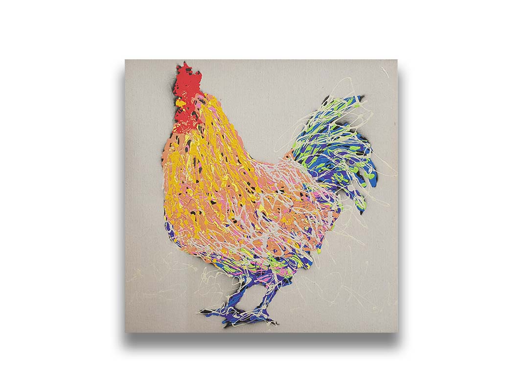 A drip painting of an abstraction of a rooster, made in orange, yellow, white, and blue, accented by red, against a pale background. Printed on canvas.