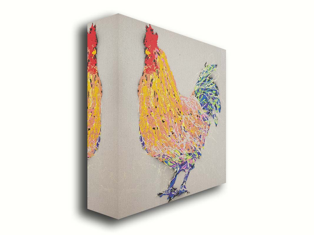 A drip painting of an abstraction of a rooster, made in orange, yellow, white, and blue, accented by red, against a pale background. Printed on canvas.