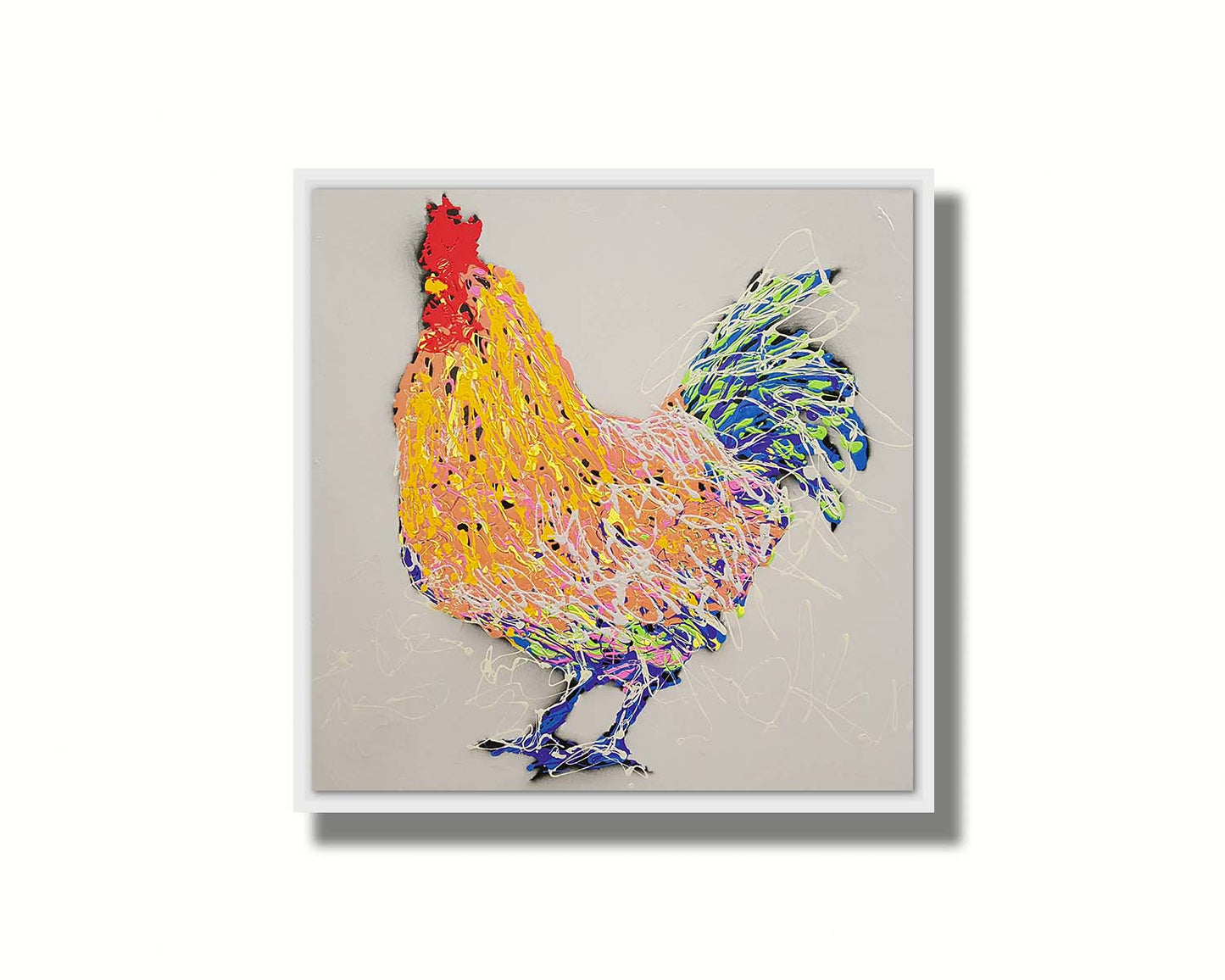 A drip painting of an abstraction of a rooster, made in orange, yellow, white, and blue, accented by red, against a pale background. Printed on canvas in a float frame.