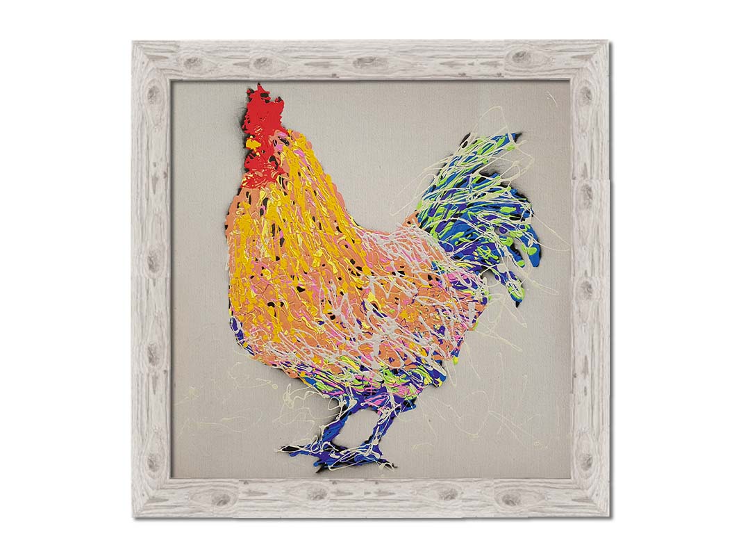 A drip painting of an abstraction of a rooster, made in orange, yellow, white, and blue, accented by red, against a pale background. Printed on canvas and framed.